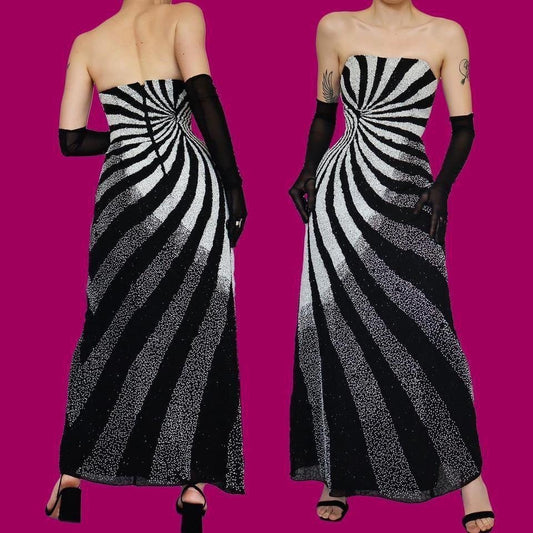 Black & white Kaleidoscope beaded evening gown UK 12