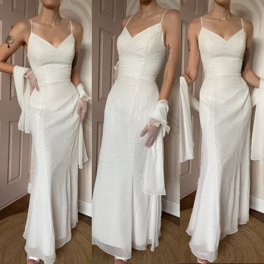 White beaded wedding dress with shawl UK 12