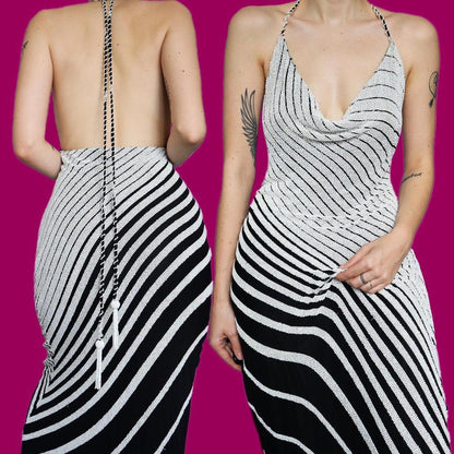 Yve London 100% silk black/white beaded evening dress UK 12