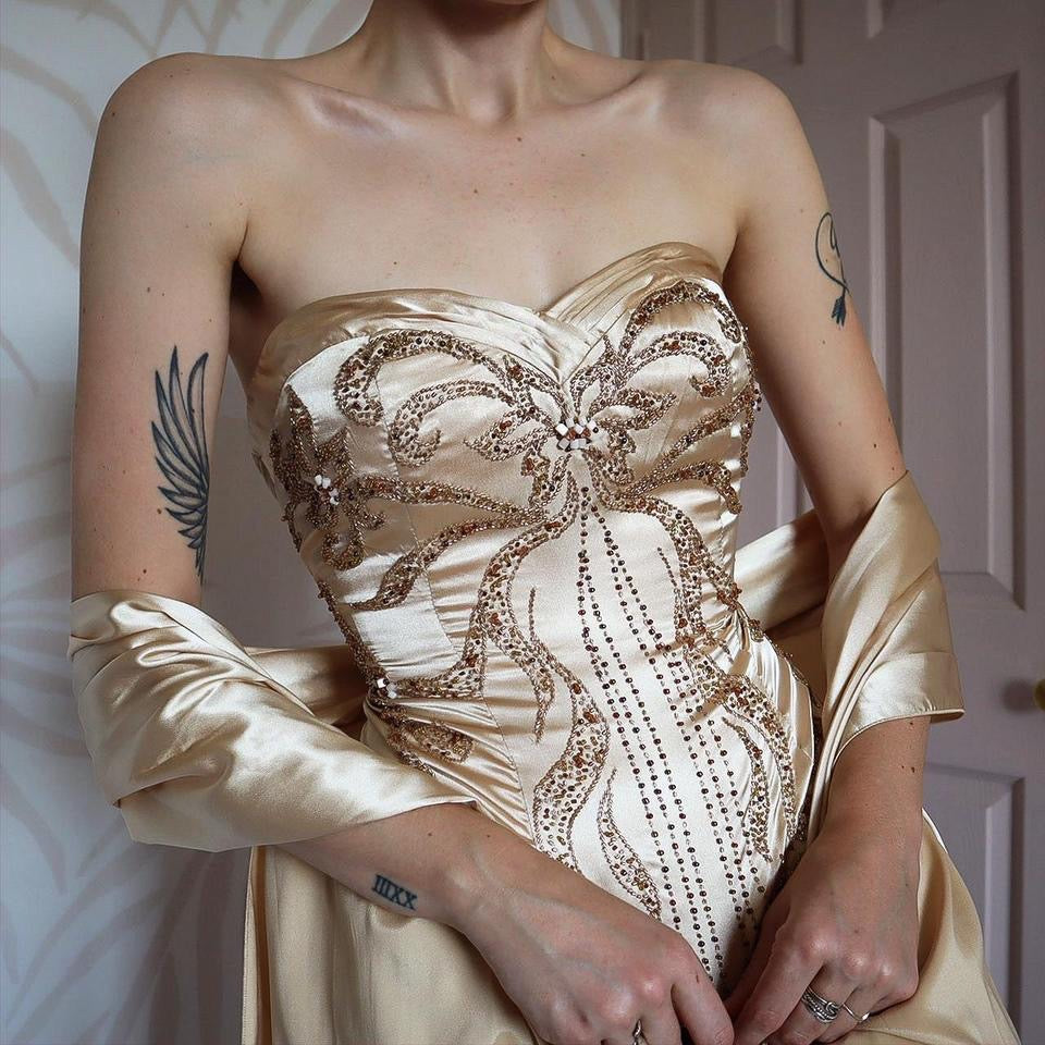 YVE London gold beaded strapless gown & shawl UK 12