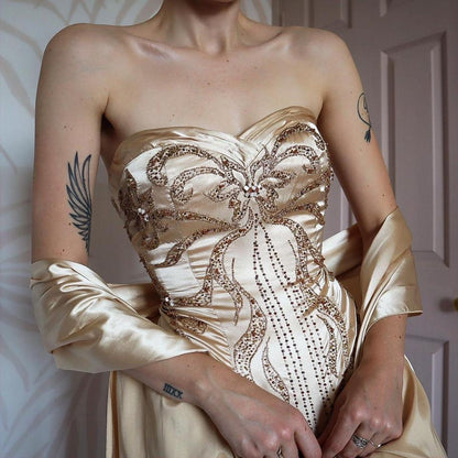 YVE London gold beaded strapless gown & shawl UK 12