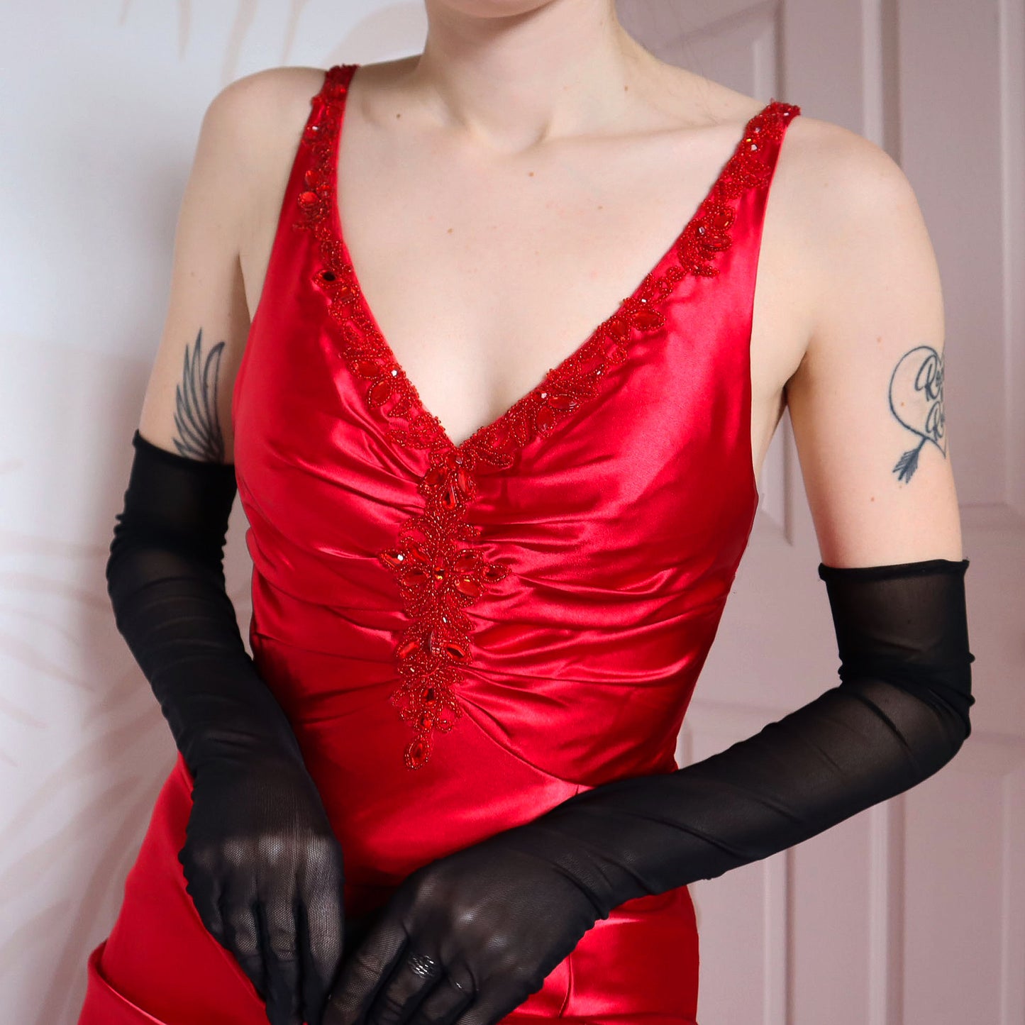 Dave & Johnny red satin open back evening gown UK 10