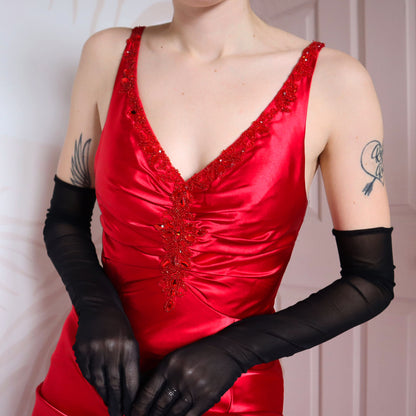 Dave & Johnny red satin open back evening gown UK 10