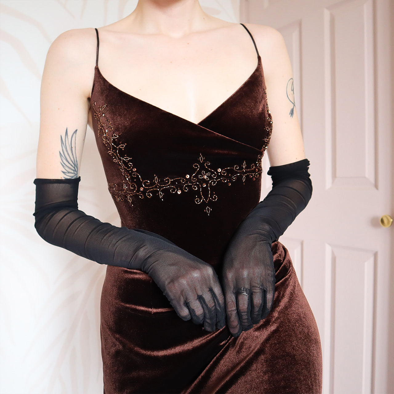 Brown velvet beaded Dave & Johnny evening gown UK 16