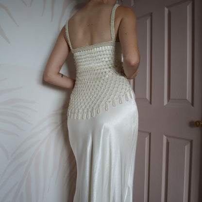 White silky wedding dress with pearl mesh overlay UK 8