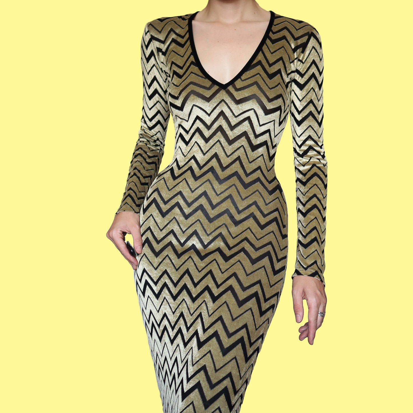 Gold stretch long sleeve velvet evening dress UK 10