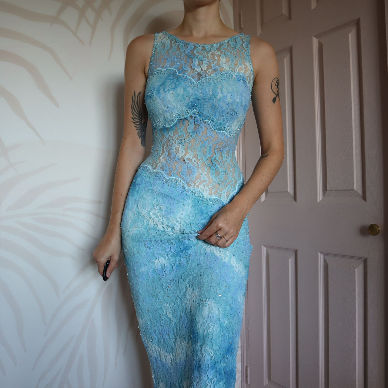 Bernshaw blue lace sheer stretch evening dress UK 10-12
