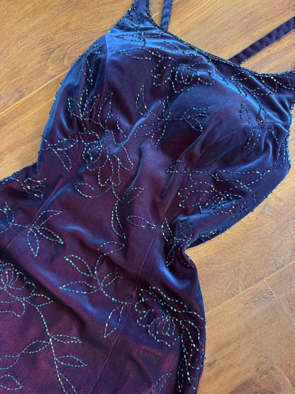 Iridescent beaded velvet evening dress uk 8