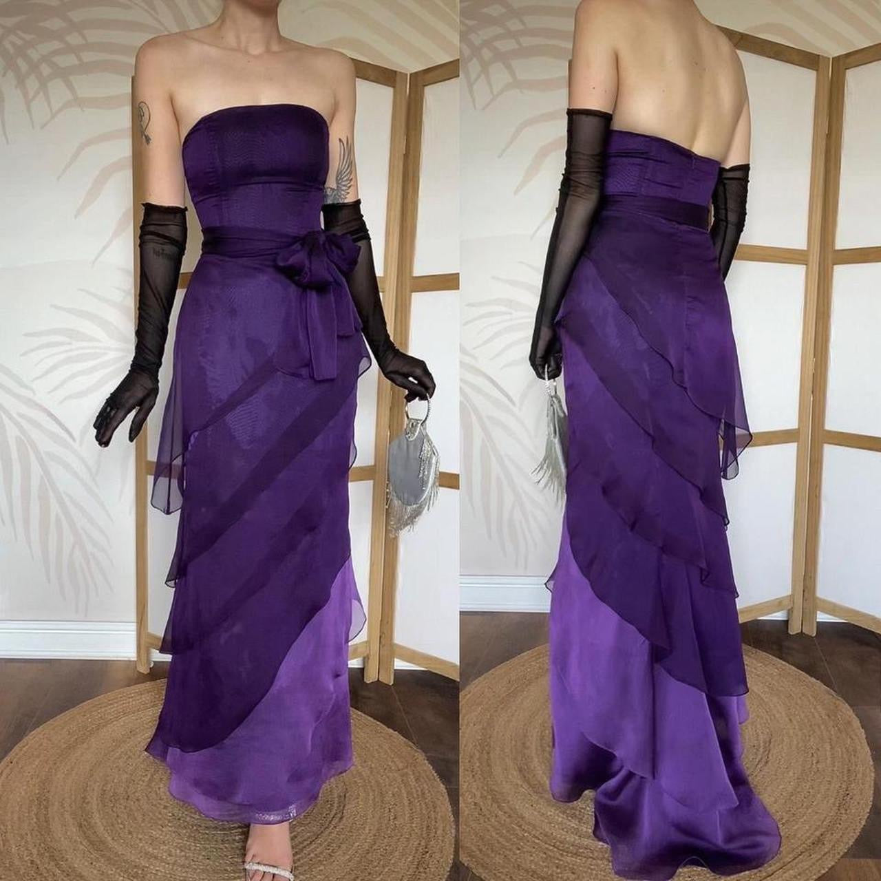 Purple Niki Livas strapless layered gown uk 12