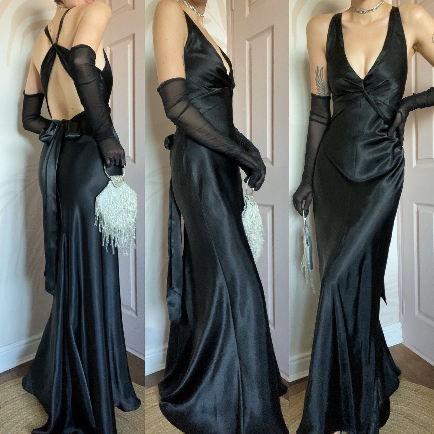 Black satin Betsy & Adam evening gown UK 14