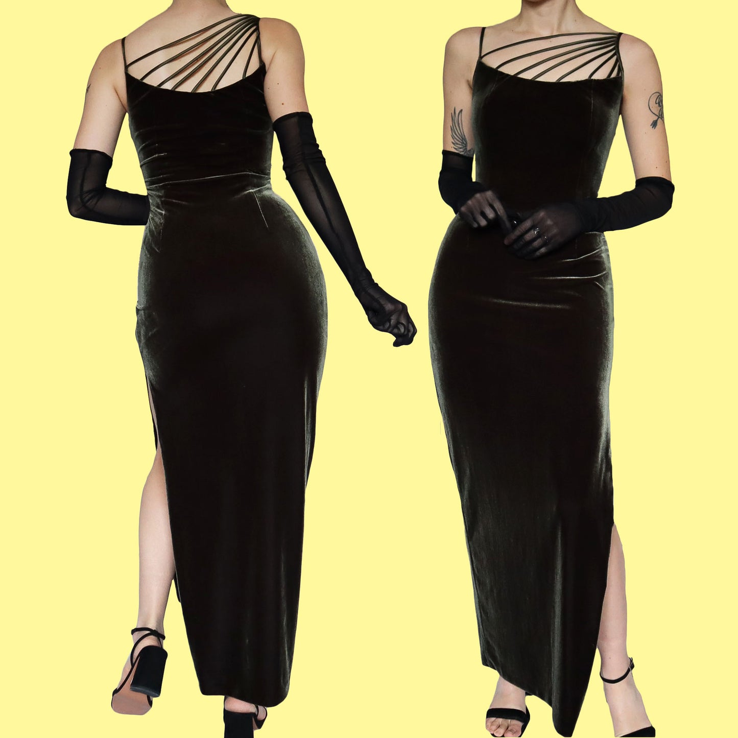 Green velvet stretch evening dress UK 10