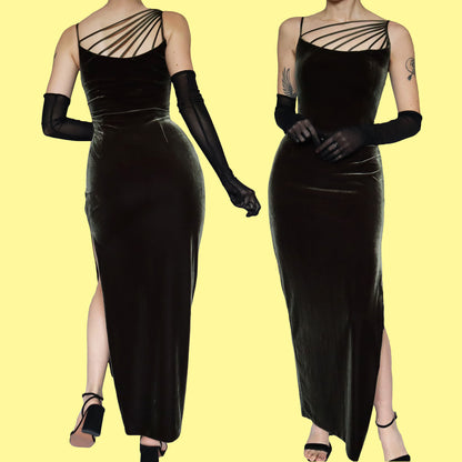 Green velvet stretch evening dress UK 10