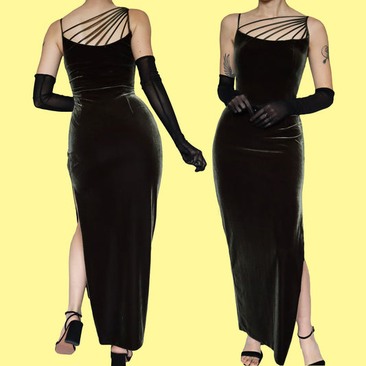 Green velvet stretch evening dress UK 10