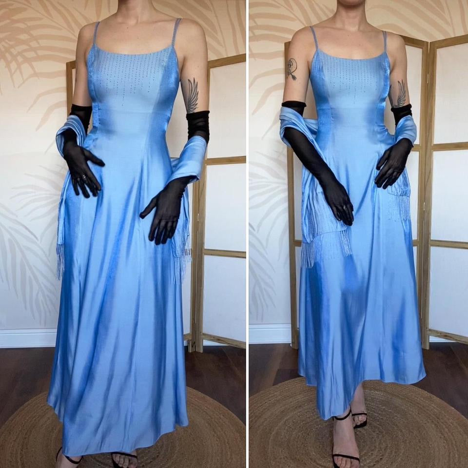 Debut ice blue a-line beaded dress & shawl UK 10