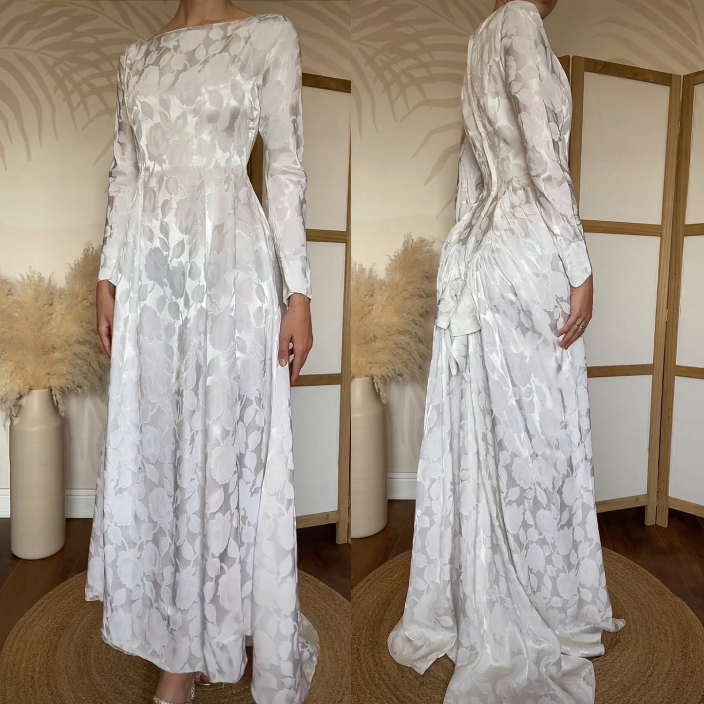 70s white damask floral long sleeve wedding dress uk 8-10