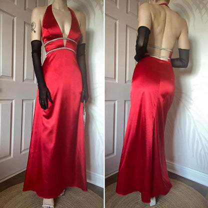 Red halter-neck diamanté evening gown UK 10-12