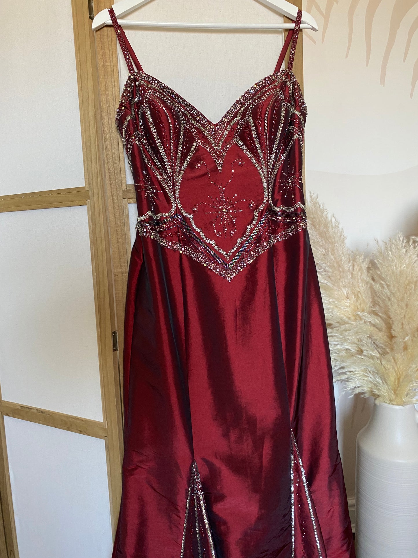Sousourada dark red beaded prom dress & shawl uk 12-14