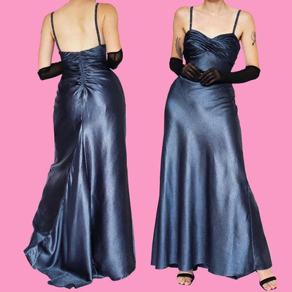 Niki Livas silver/blue textured evening dress UK 10