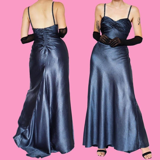 Niki Livas silver/blue textured evening dress UK 10