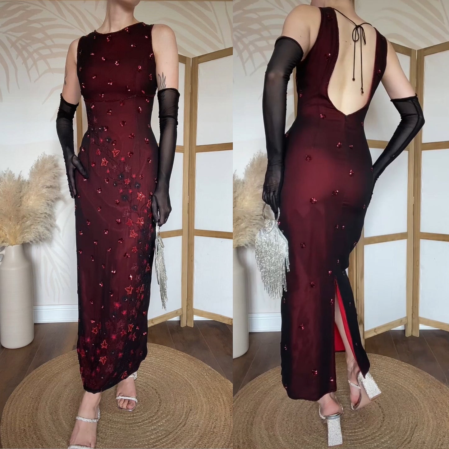 Red & black beaded open back evening dress uk 14