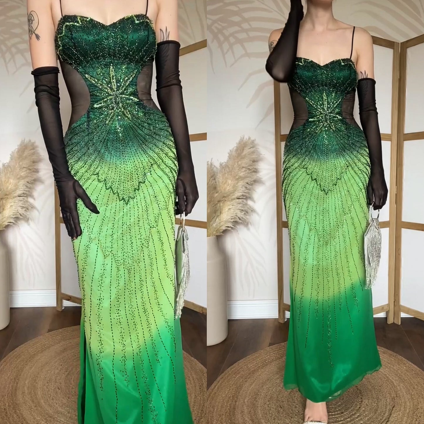 Green pure silk beaded prom dress uk 10