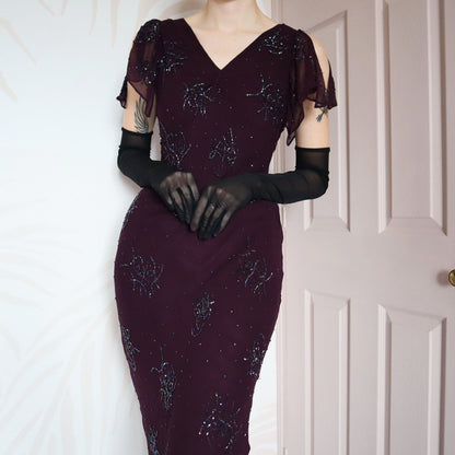 Purple beaded 100% silk evening gown UK 12