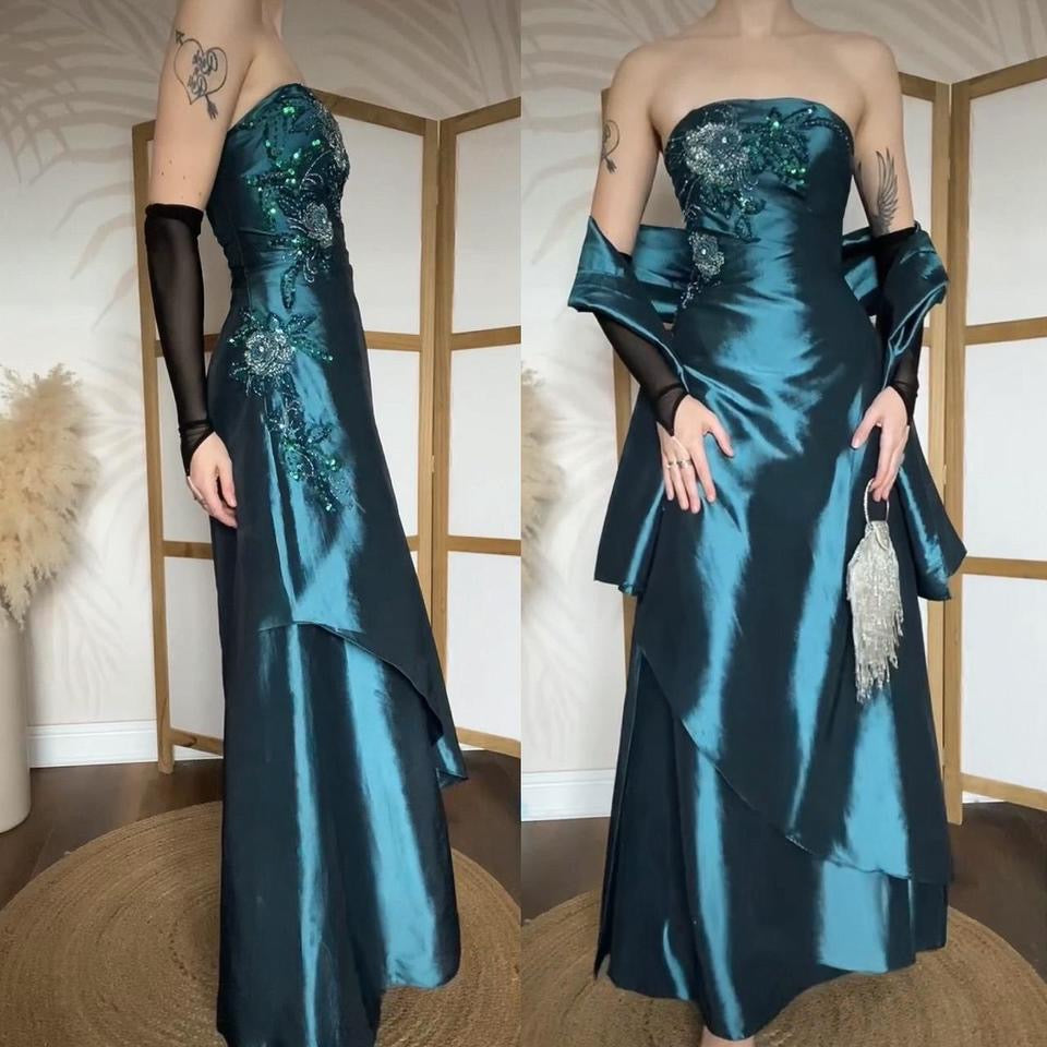 Strapless blue shimmery a-line prom dress & shawl uk 12-14