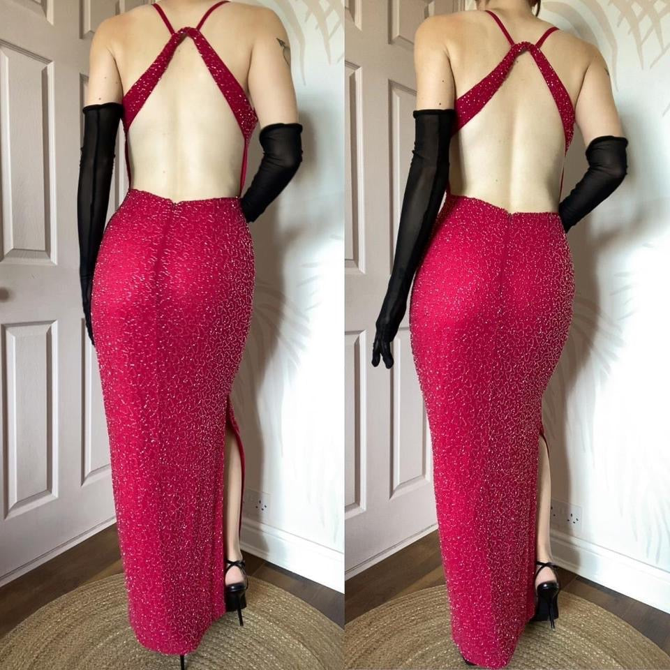Fuchsia pink beaded open back evening dress UK 10