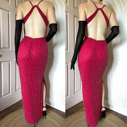 Fuchsia pink beaded open back evening dress UK 10