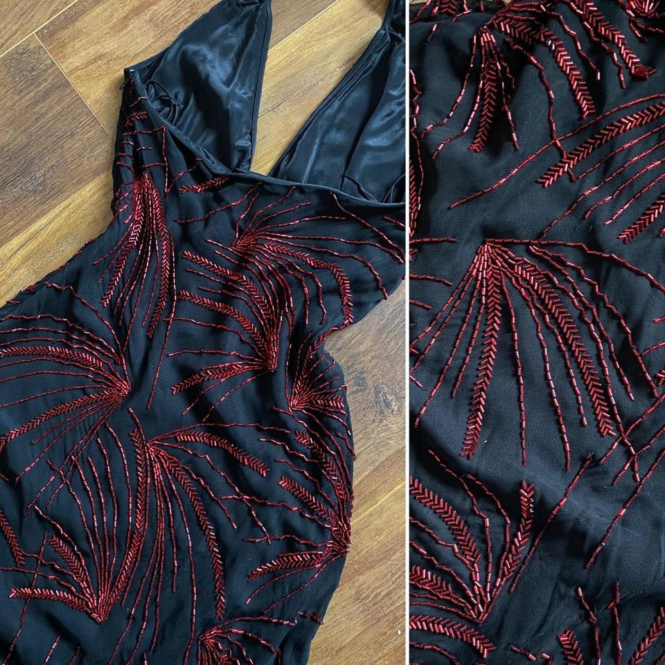 Black & red silk beaded halter-neck evening dress uk 12