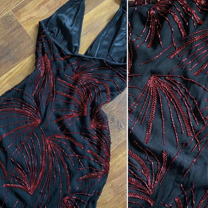 Black & red silk beaded halter-neck evening dress uk 12