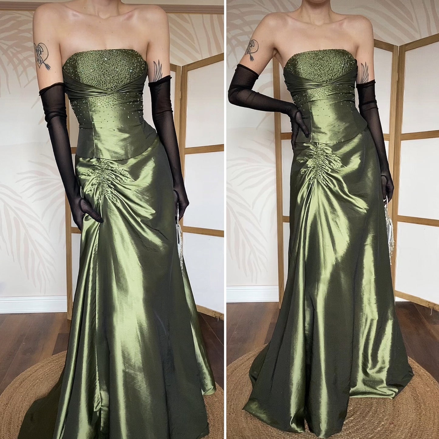 Green beaded Niki Livas strapless prom dress UK 12