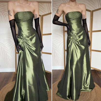 Green beaded Niki Livas strapless prom dress UK 12