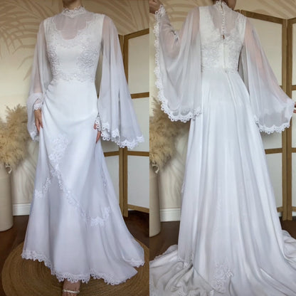 White 70s lace flared sleeve wedding dress uk 10-12
