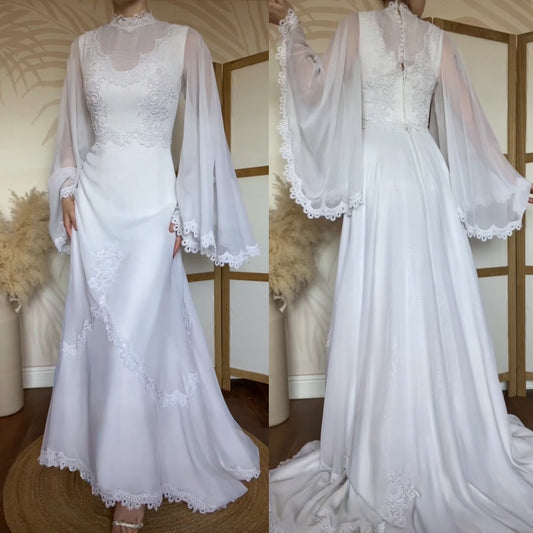White 70s lace flared sleeve wedding dress uk 10-12