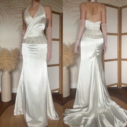 Ivory satin halter-neck wedding dress uk 10-12