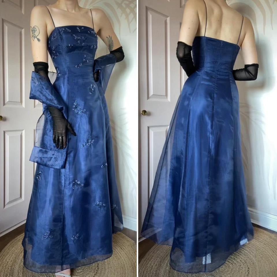 Niki Livas navy organza a-line prom dress UK 12