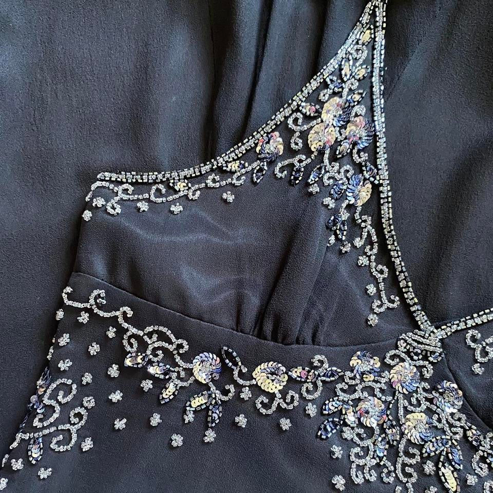 Black beaded halter neck evening dress UK 14