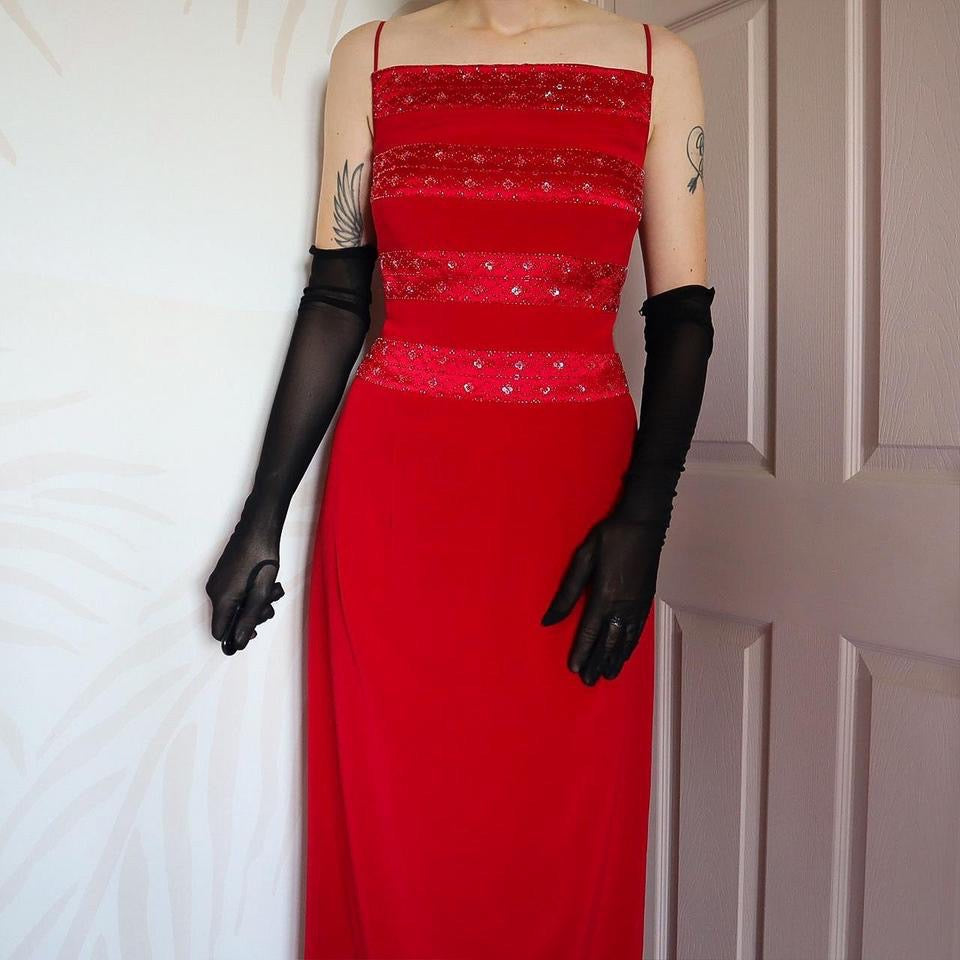 Red Vintage John Charles Beaded Sheer Back Evening Dress UK 14