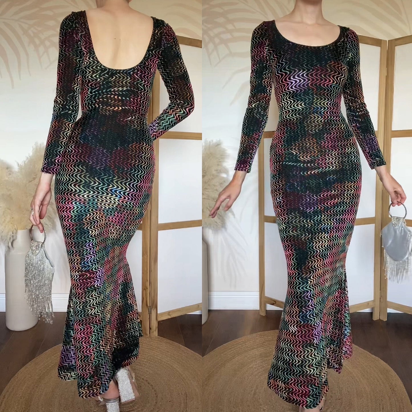 Colourful velvet long sleeve bodycon dress uk S/8-10