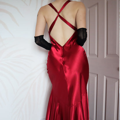 Red satin fishtail evening gown UK 10