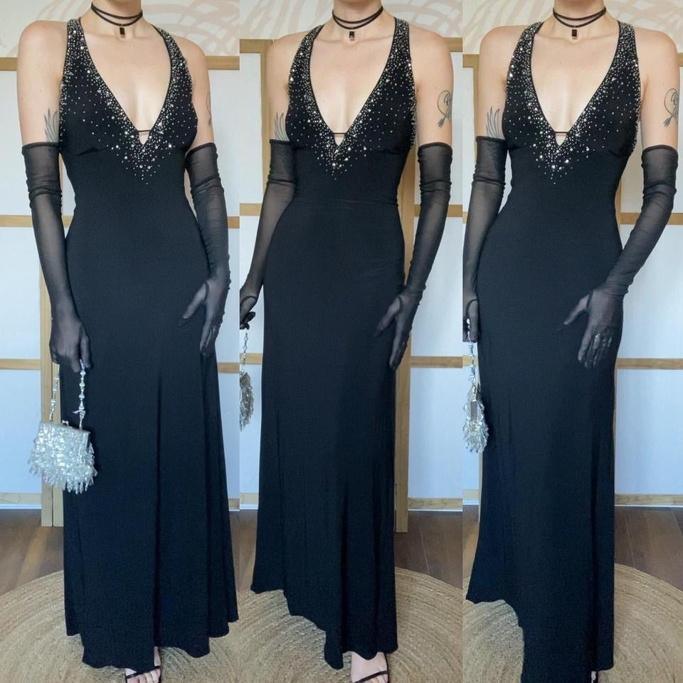 Black stretch 90s beaded evening gown UK 12