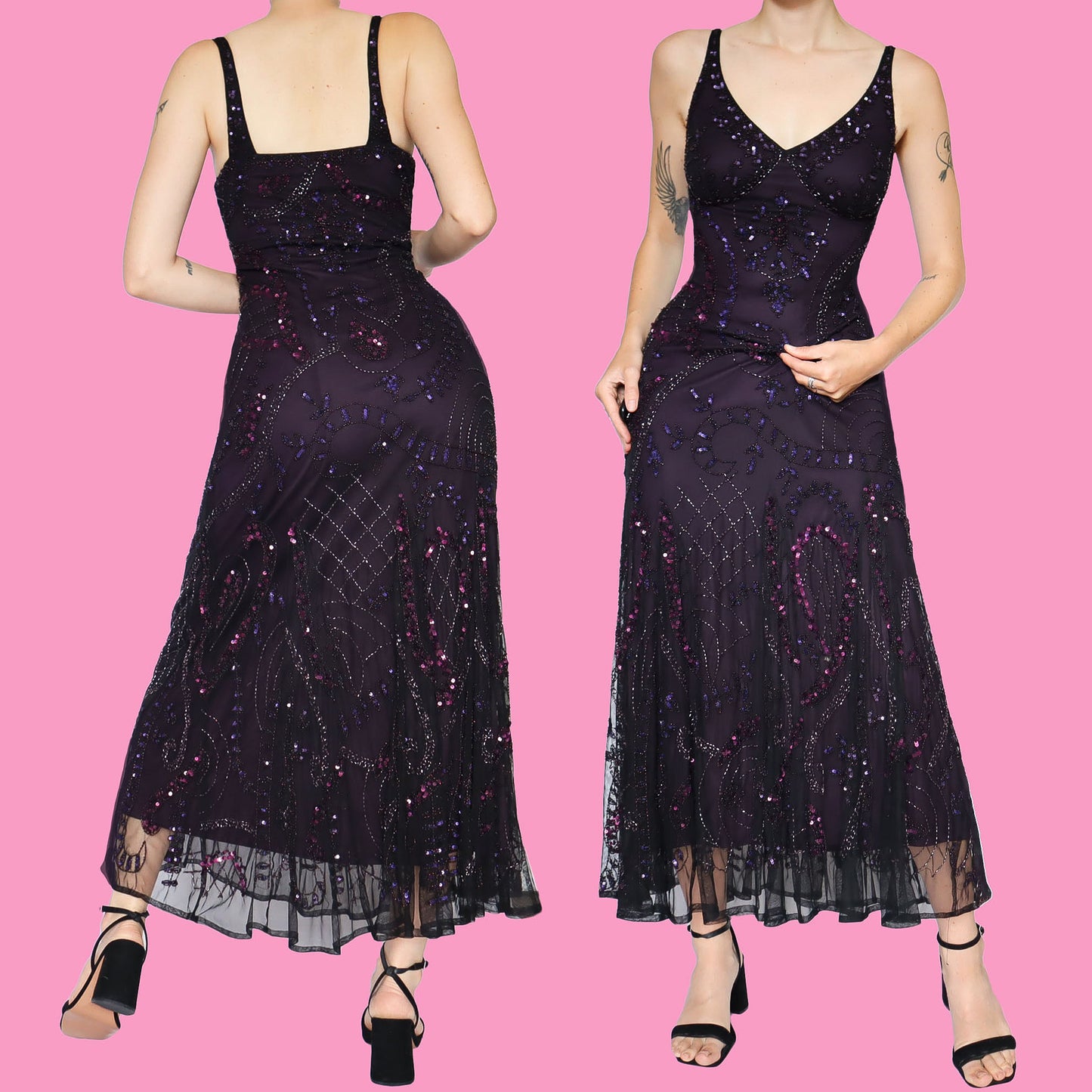 Purple petite bead & sequin evening dress UK 12