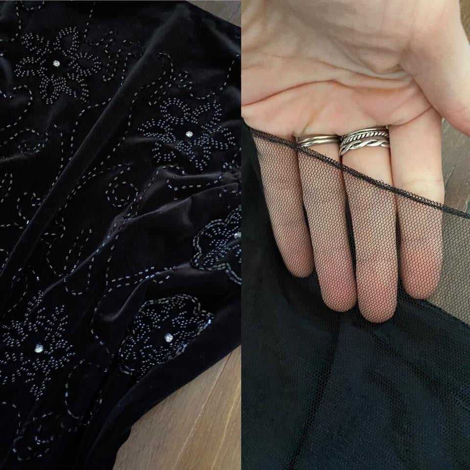 Black velvet stretch beaded low back evening dress uk 12-14