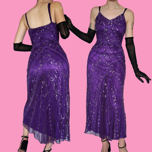 Purple stretch bead & sequin dress UK 10