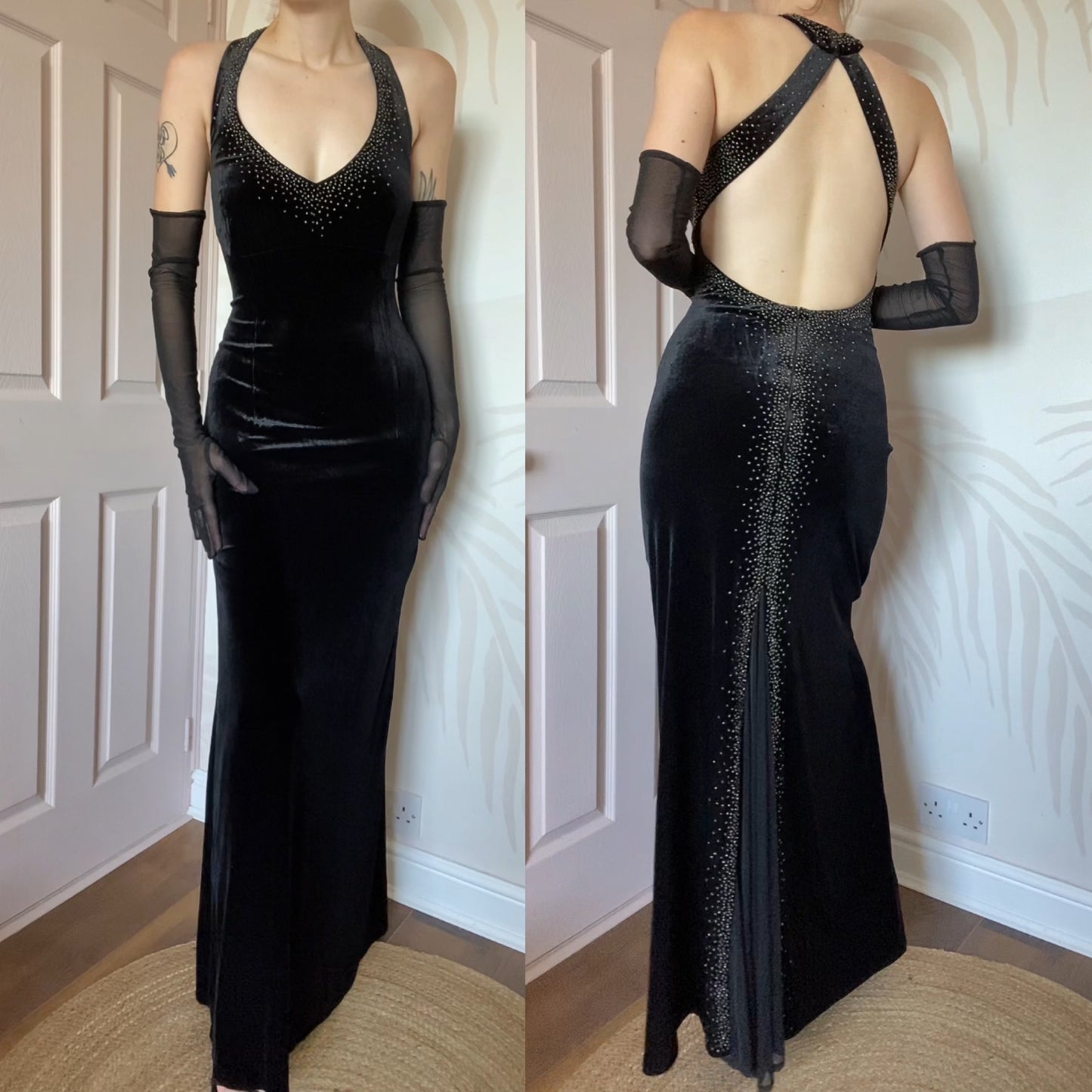 Black velvet beaded stretch evening dress UK 16