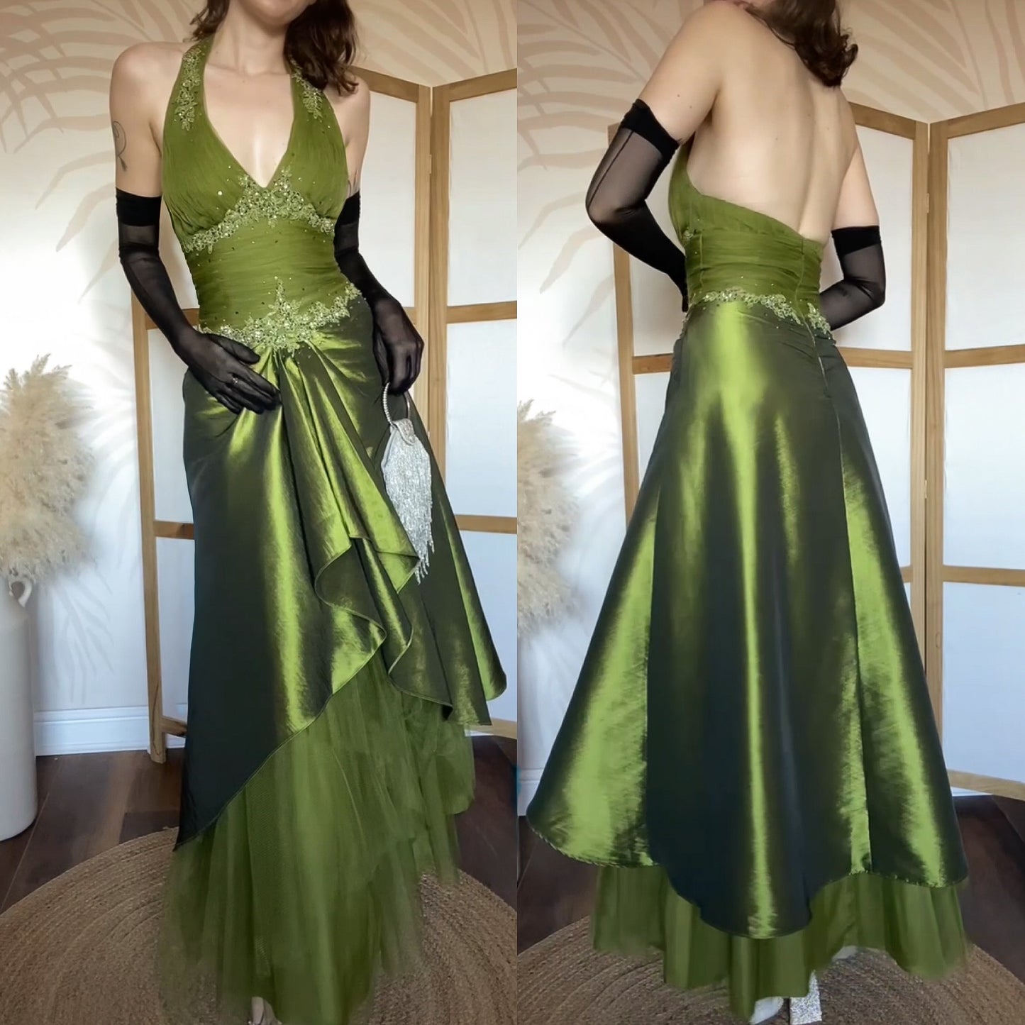 Green halter-neck a-line fairycore prom dress uk 10