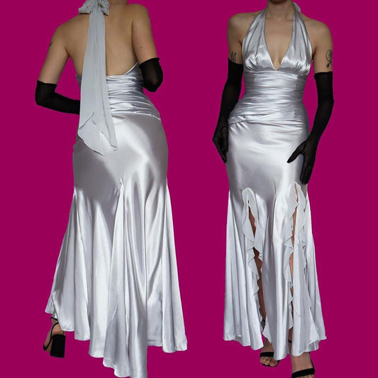Silky silver halter neck evening gown UK 8