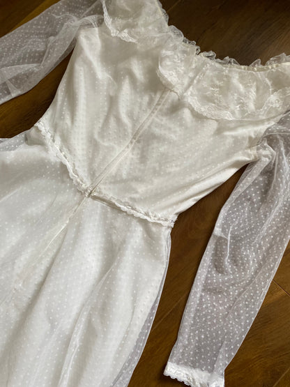 Vintage Ellis 70s white polka dot lace wedding dress uk 10-12
