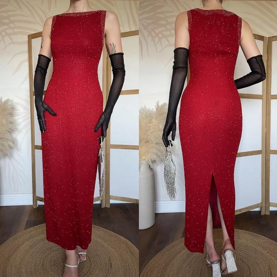 Serenade 100% silk red beaded vintage evening dress uk 10